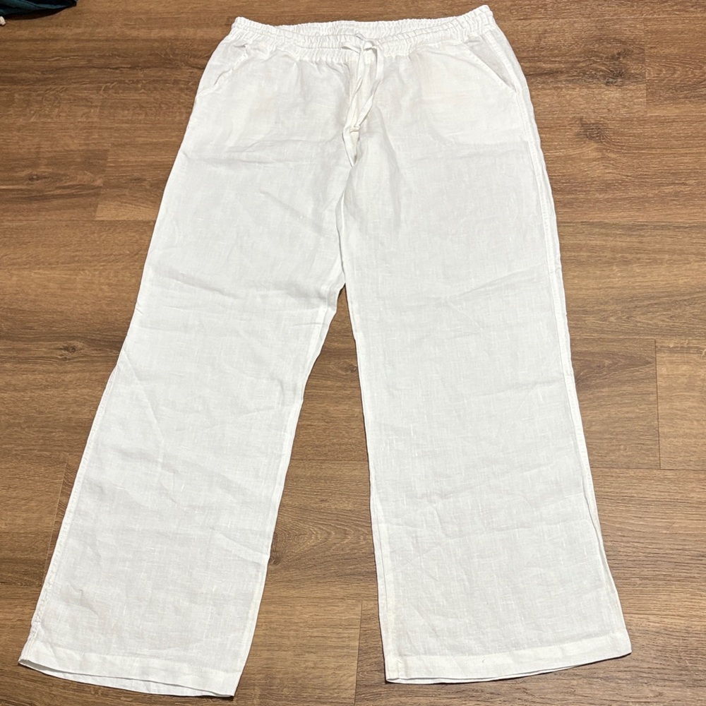 Allen Allen USA White Linen Drawstring Pants 100% Linen Size Large
